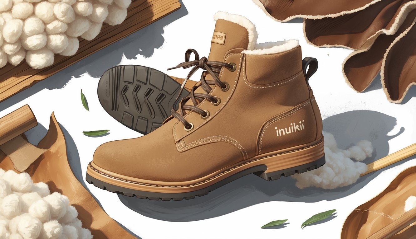 Par toplih zimskih čizama okruženih materijalima i alatima za izradu obuće.