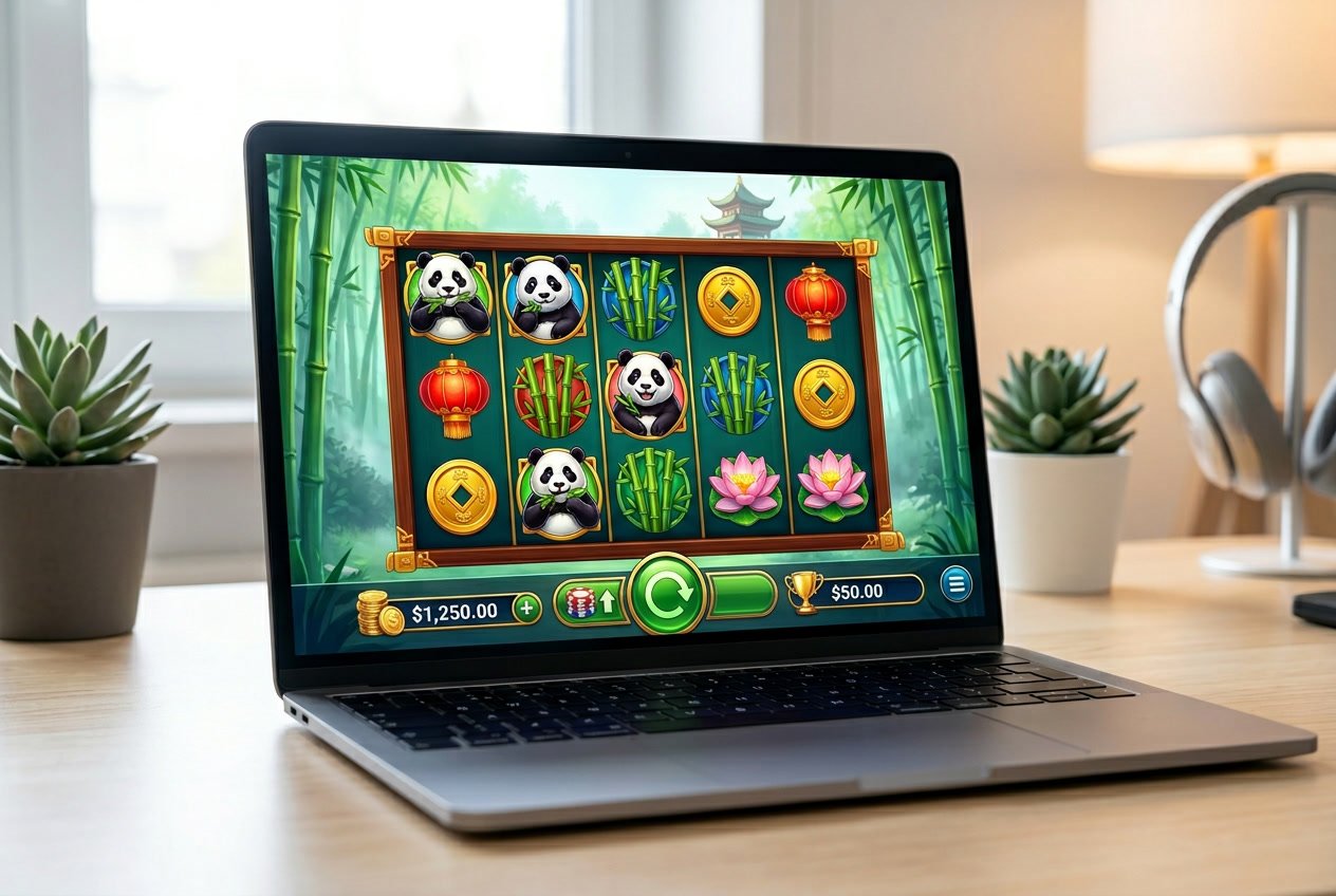 Layar perangkat menampilkan permainan slot online dengan tema panda dan elemen bambu, menunjukkan suasana permainan yang menarik dan modern.