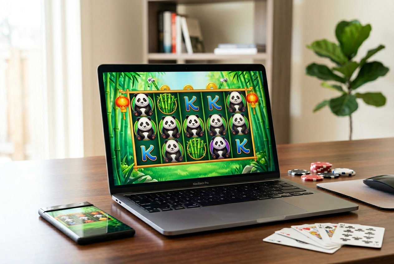 Sebuah komputer modern menampilkan permainan slot online bertema panda dengan elemen kasino di sekitarnya.