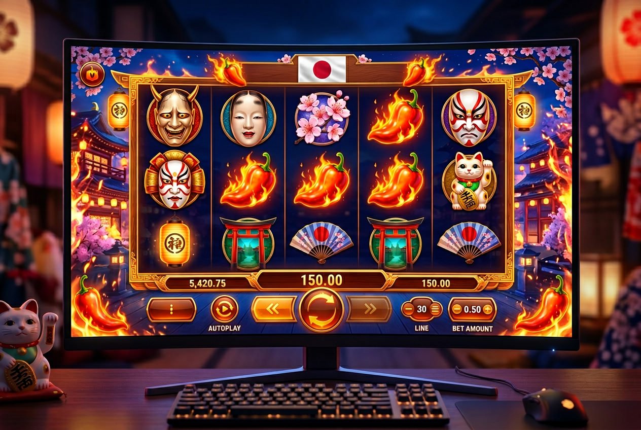 Tampilan antarmuka permainan online dengan topeng Jepang dan motif cabai habanero yang cerah dan menarik.