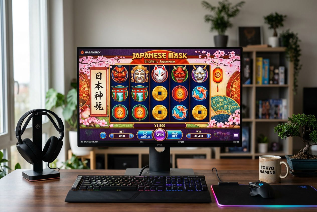 Tampilan layar komputer yang menampilkan permainan online Japanese Mask dengan grafis topeng Jepang dan bunga sakura, di atas meja dengan aksesori gaming.