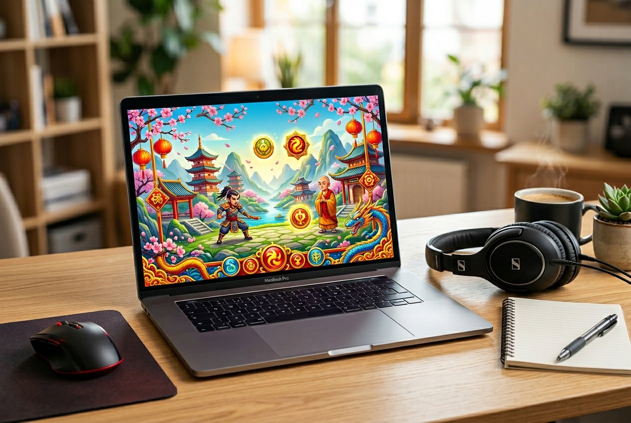 Meja kerja modern dengan laptop yang menampilkan grafik warna-warni bertema Asia, dilengkapi aksesori gaming dan alat tulis, suasana hangat dan fokus.