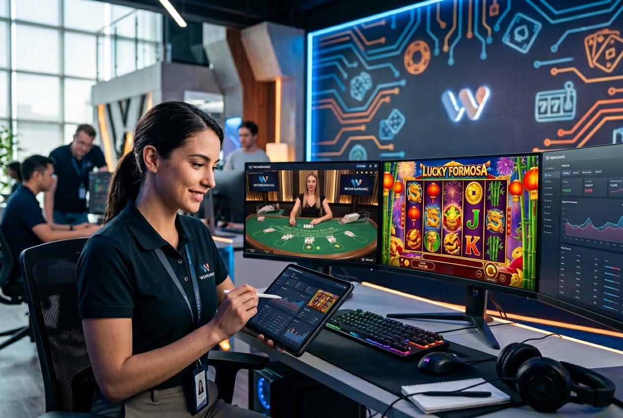Seorang profesional sedang menggunakan tablet di depan beberapa monitor yang menampilkan permainan kasino online berwarna-warni dalam suasana modern dan teknologi tinggi.