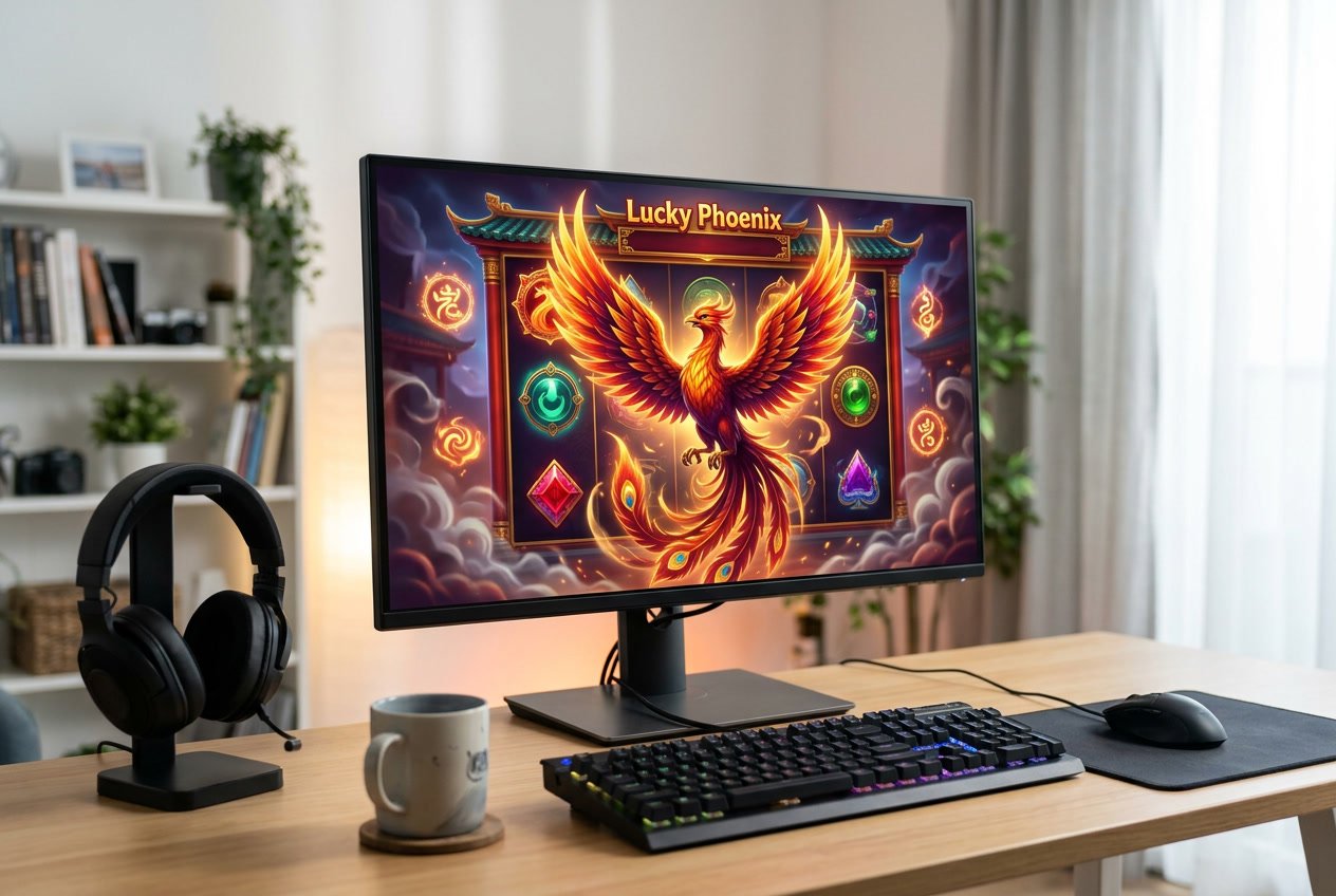 Sebuah komputer menampilkan permainan online Lucky Phoenix dengan grafis berwarna cerah, dikelilingi oleh aksesori gaming di atas meja yang rapi.