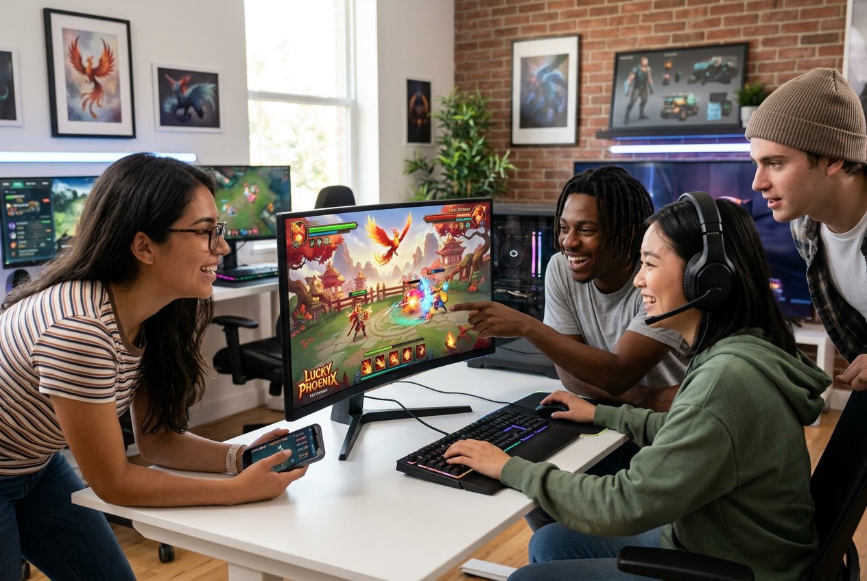 Sekelompok orang muda sedang bermain game online Lucky Phoenix di sebuah ruangan modern dengan beberapa layar komputer yang menampilkan grafik permainan.