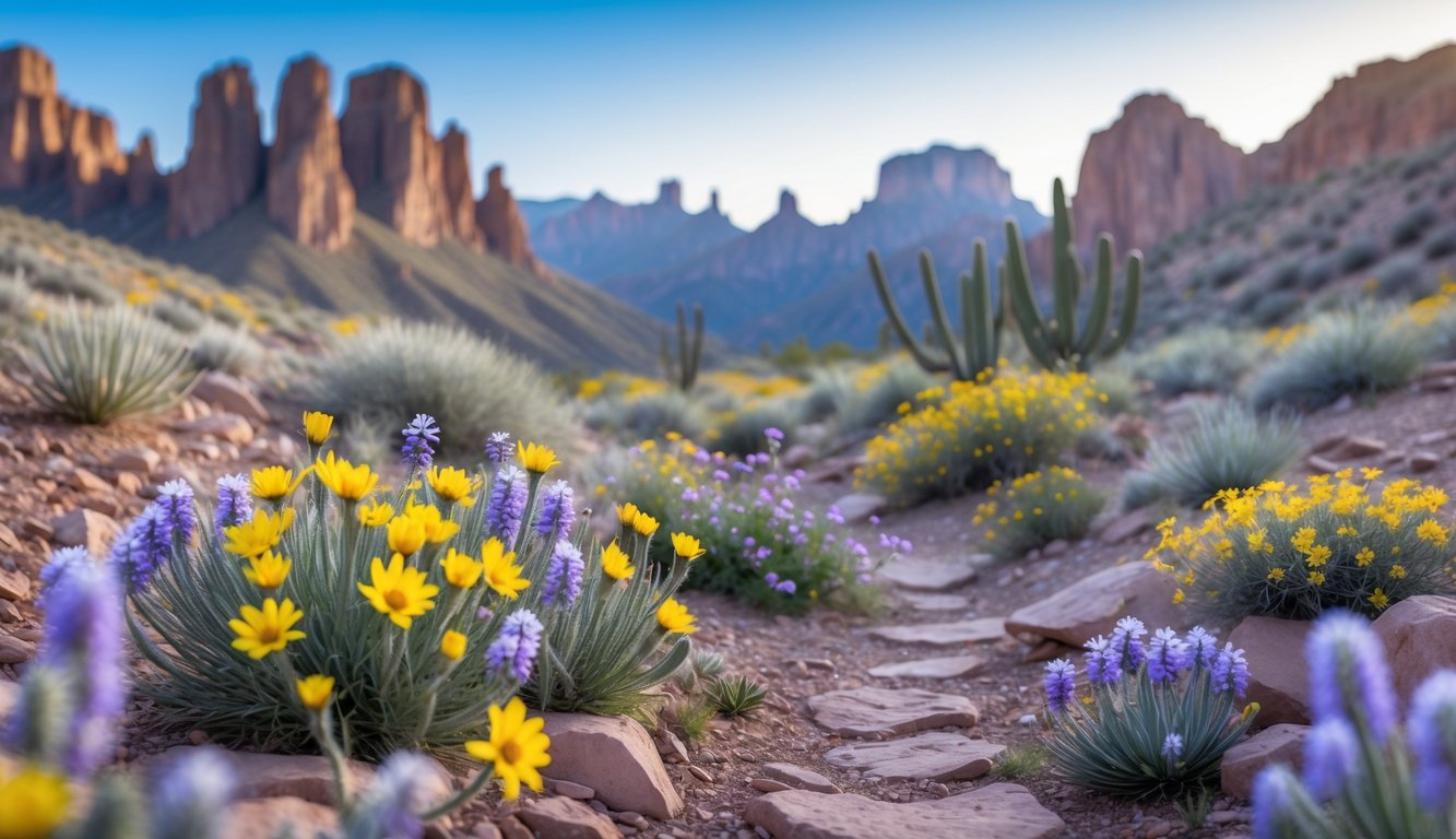 A hiking trail surrounded by colorful spring wildflowers with rocky mountains in the background under a clear blue sky.