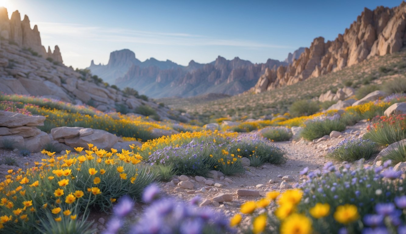 A trail winding through colorful spring wildflowers with rugged mountains in the background under a clear blue sky.