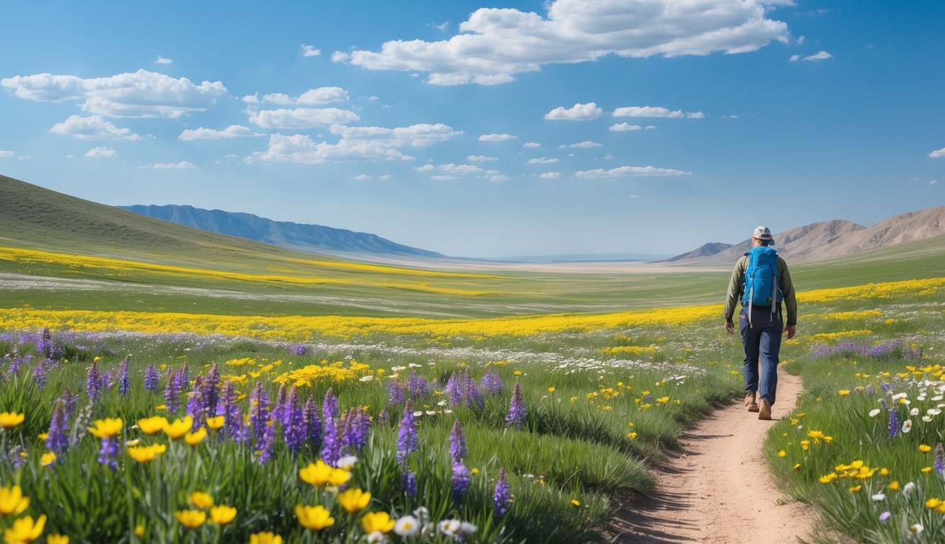 A hiker walking on a trail through colorful wildflowers in a wide open plain with distant mountains under a blue sky.