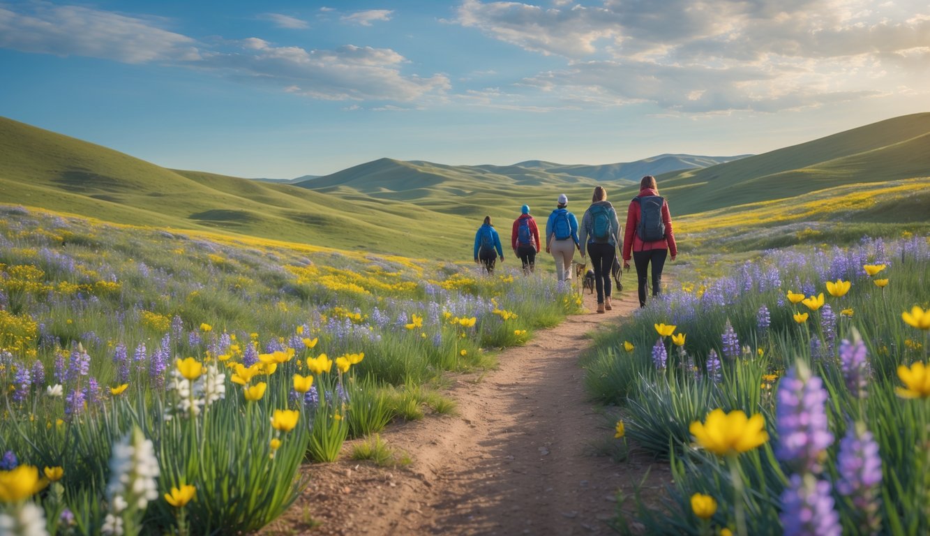 Hikers walking on a trail through colorful wildflowers in a grassy plain with hills and blue sky in the background.