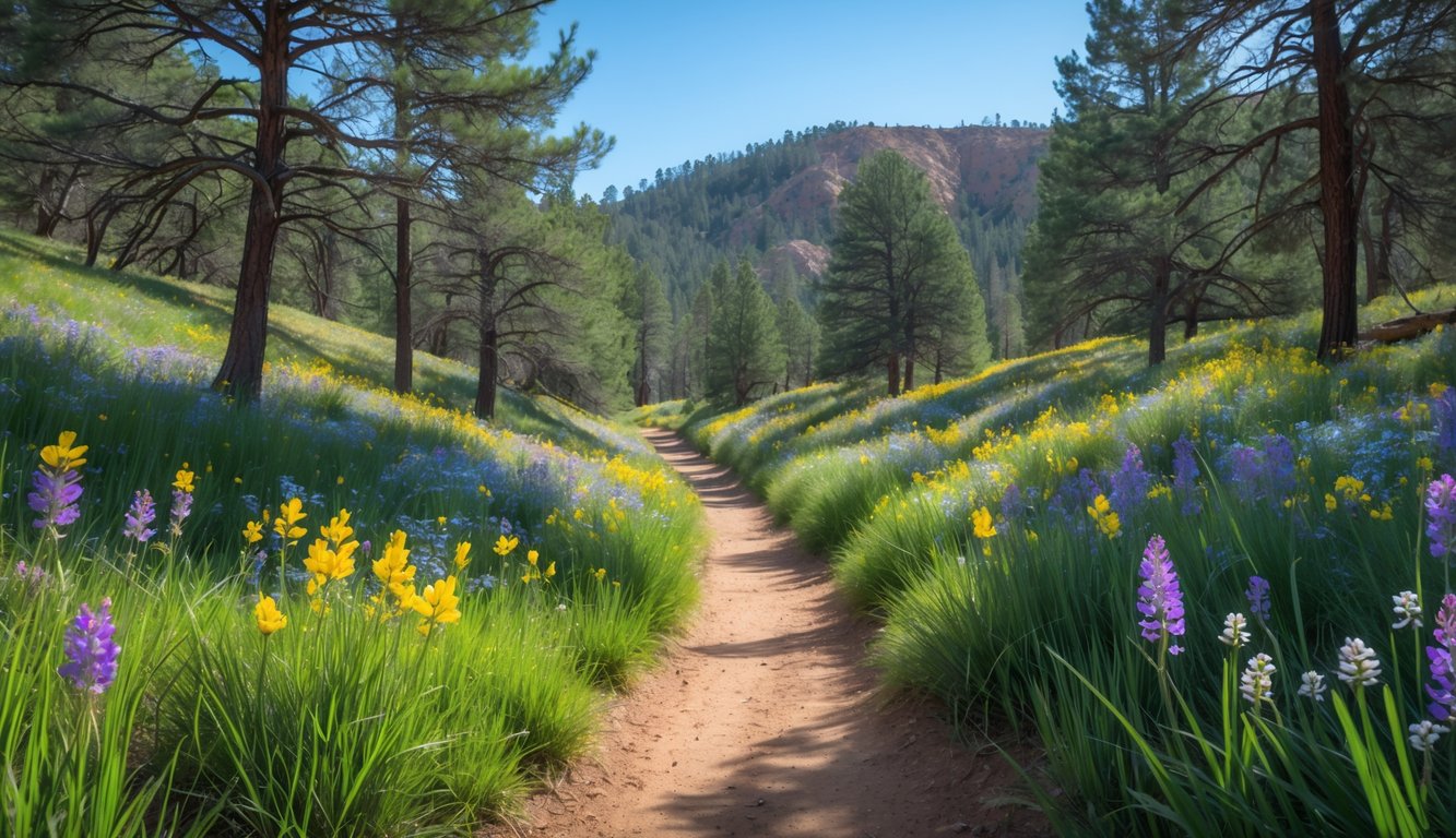 A sunlit forest trail in Gila National Forest surrounded by colorful spring wildflowers and tall pine trees under a clear blue sky.