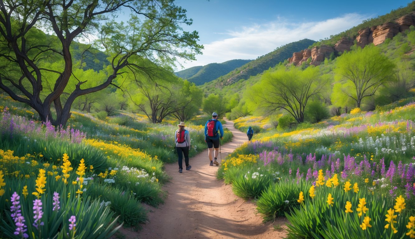 A winding forest trail surrounded by colorful spring wildflowers and green trees under a clear blue sky with hikers walking along the path.