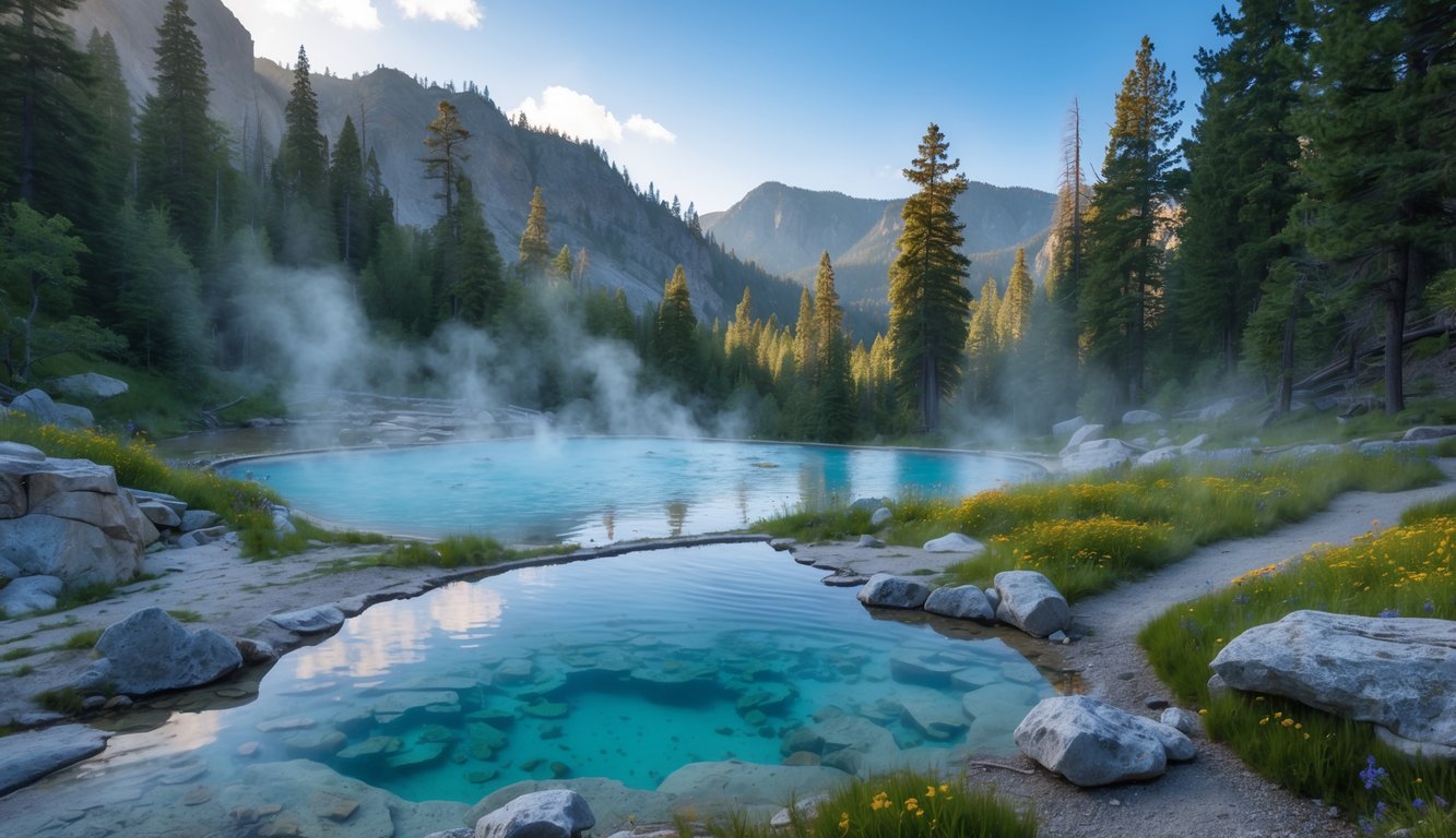 A natural hot spring surrounded by rocks and pine trees with mountains in the background under a clear blue sky.