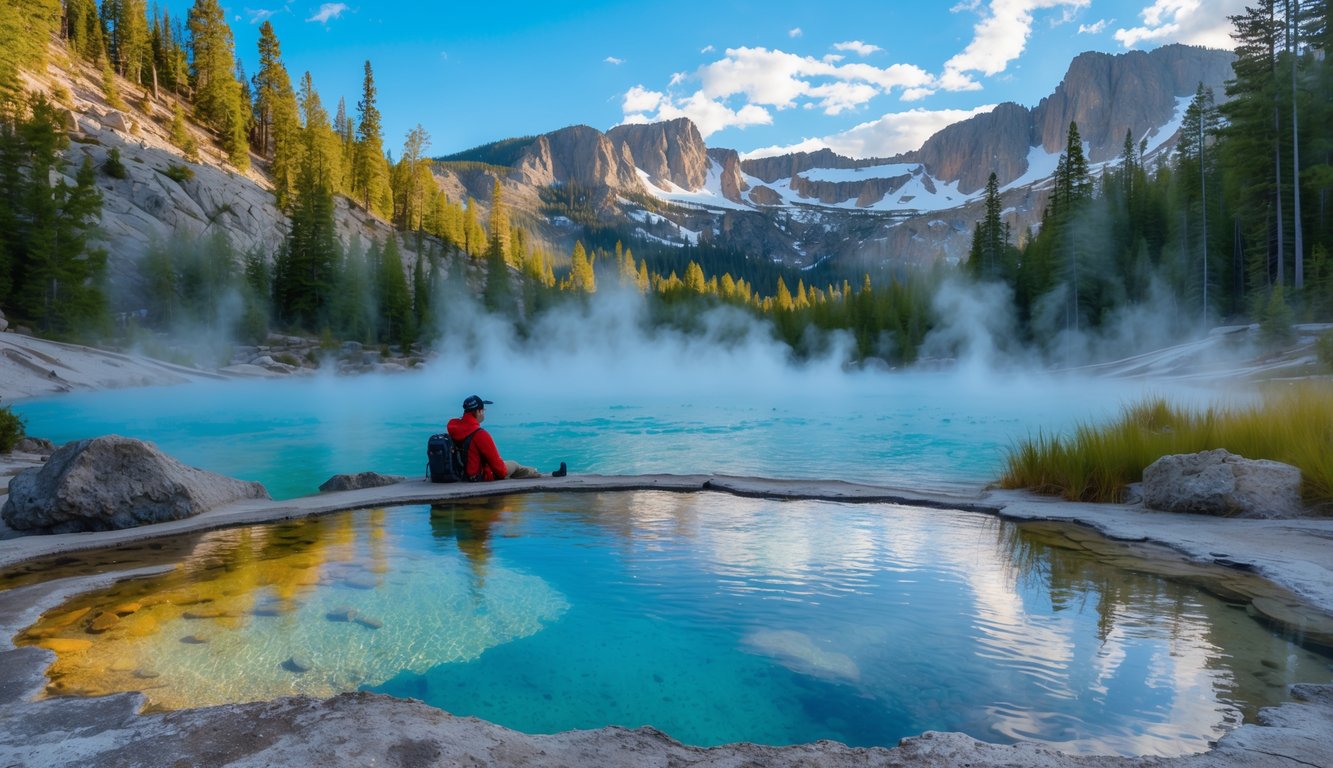 A hiker relaxing beside a steaming natural hot spring surrounded by pine trees and mountains in a forest.