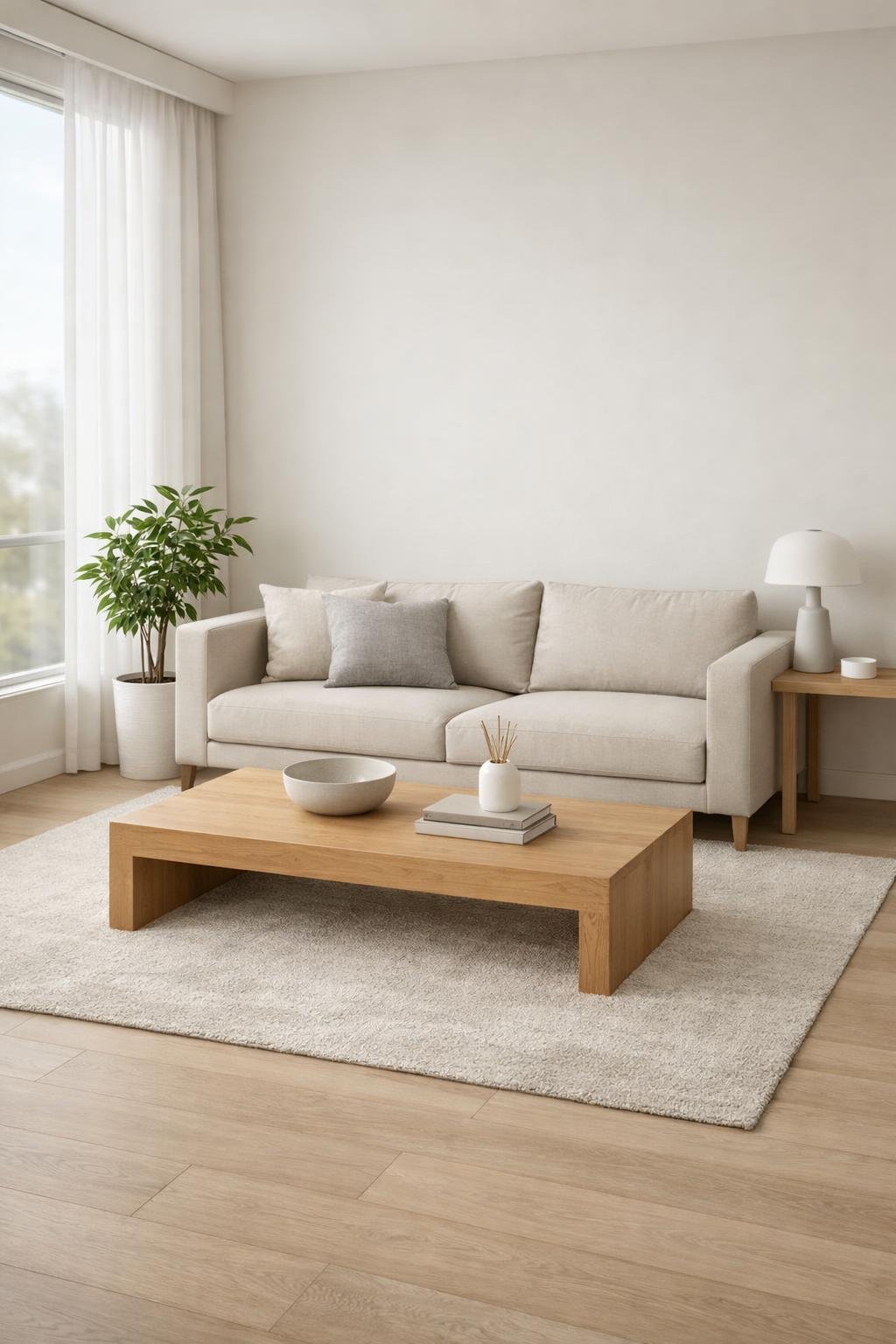 A clean and tidy living room with a sofa, coffee table, potted plant, and natural light coming through large windows.