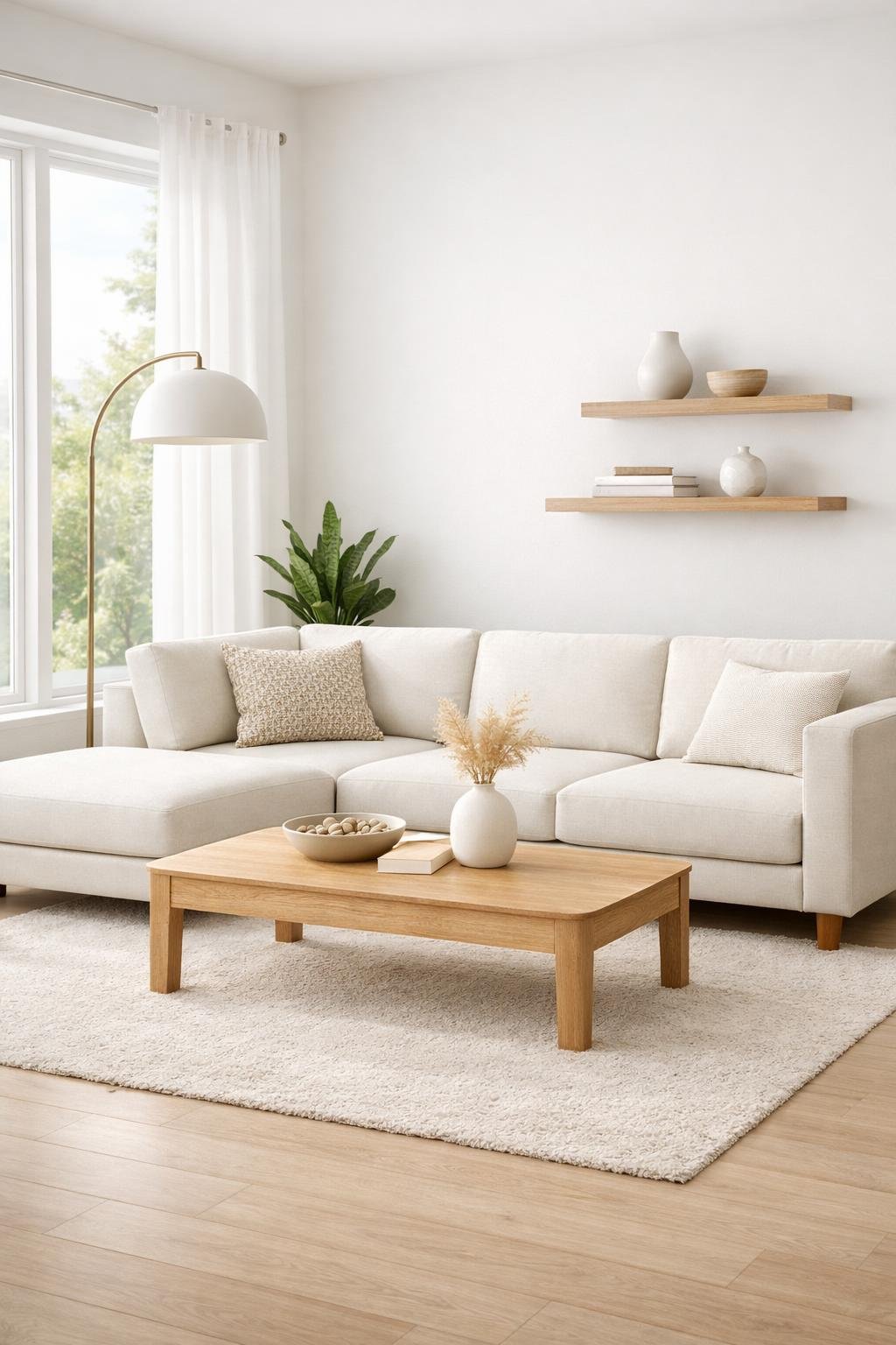 A clean and bright living room with a simple sofa, coffee table, plants, and large windows letting in natural light.
