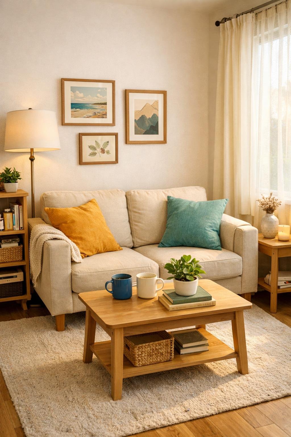 A small living room arranged with a loveseat, coffee table, window with curtains, and decorative elements, designed to comfortably accommodate two people.