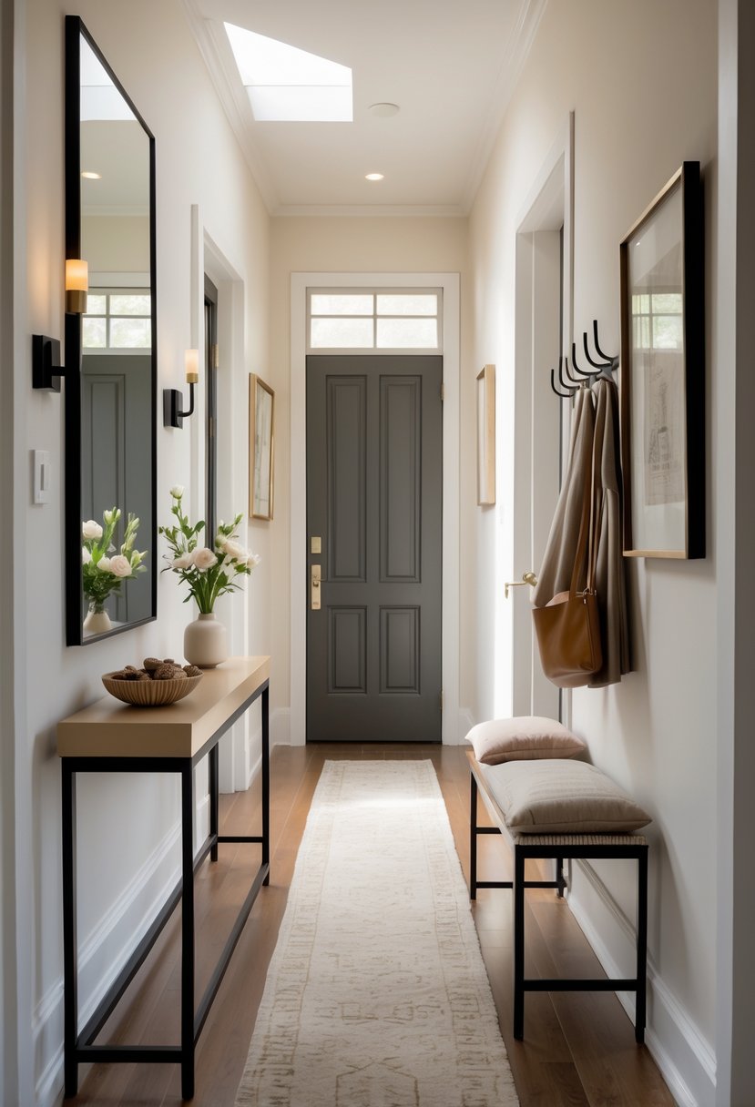 A narrow entryway with a slim console table, wall mirror, framed art, runner rug, wall hooks, and a small bench with cushions.