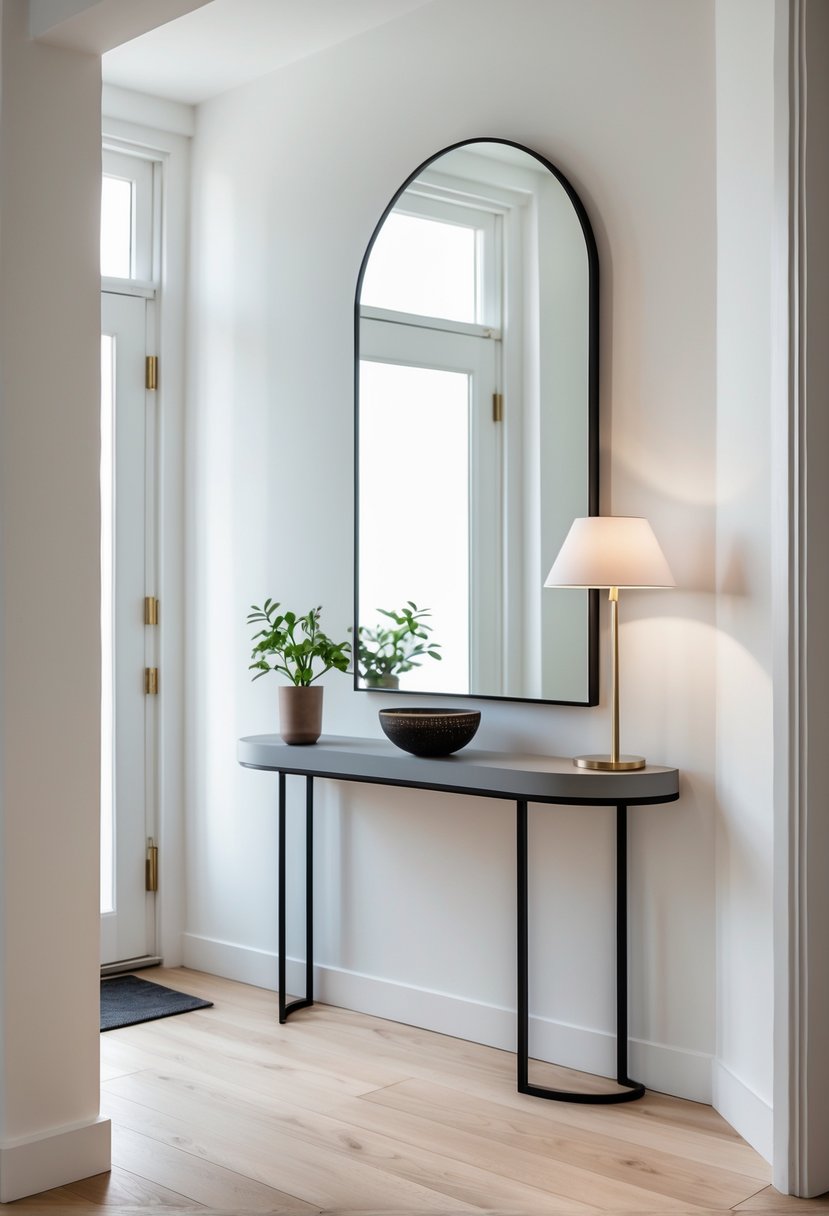 A narrow entryway with a slim half-moon console table decorated with a plant, bowl, and lamp under a wall mirror.