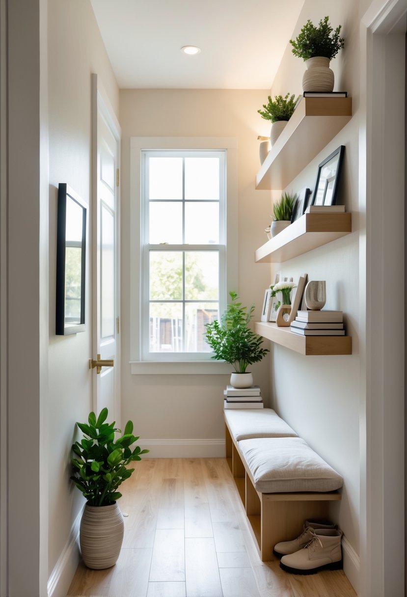A narrow entryway with wall-mounted floating shelves holding plants, vases, photos, and books, with a bench and shoes underneath.