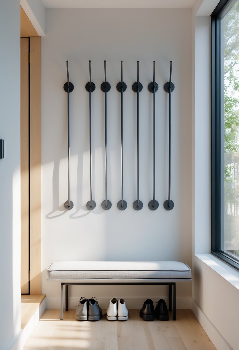 A narrow entryway with vertical coat hooks on the wall, a small bench below, and shoes neatly arranged underneath.