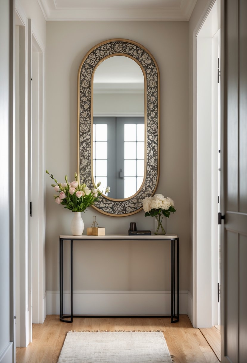 Narrow entryway with a large decorative mirror, a small console table, and a vase of flowers.