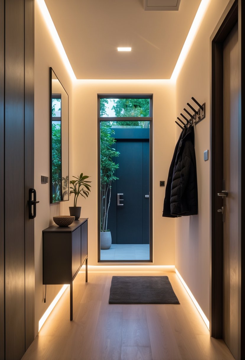 Narrow entryway with built-in recessed ceiling lights, a console table with a plant, a mirror, and a coat rack.