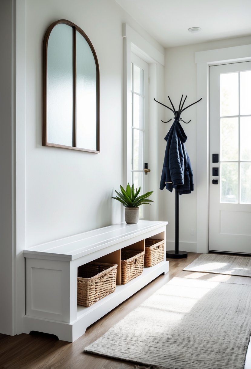 Narrow bench with under-seat storage in a bright entryway with a coat rack, potted plant, and wooden floor.