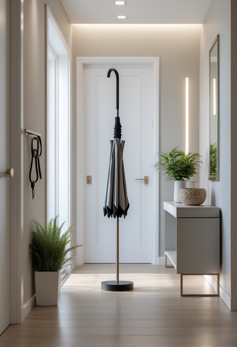 A narrow entryway with a slim umbrella stand holding umbrellas, a small plant, a console table, and a wall mirror.