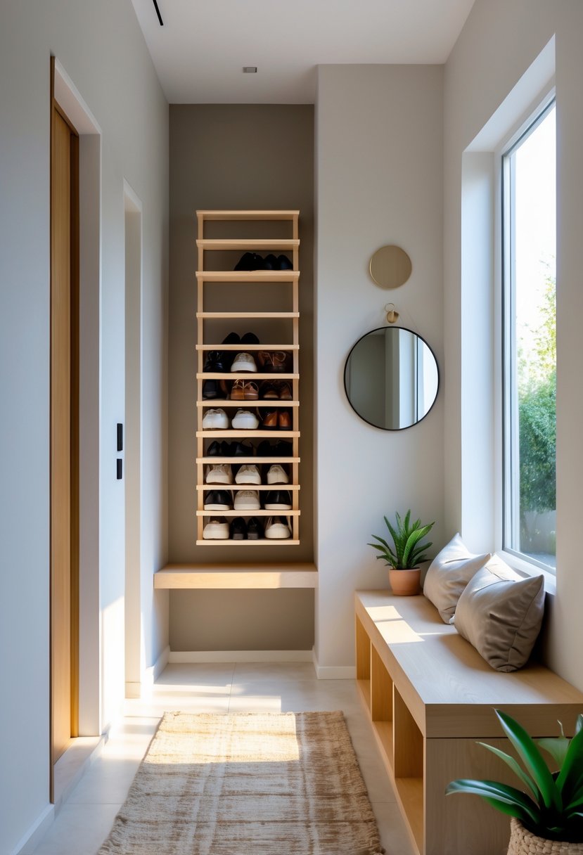 Narrow entryway with a floating wooden shoe rack holding shoes, a small bench with a plant, a round mirror, and a rug on the floor.