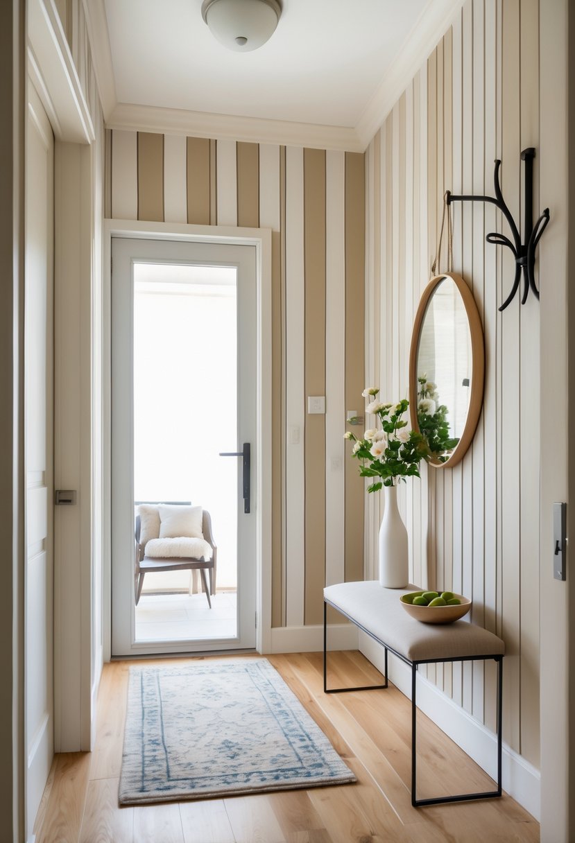 Narrow entryway with a vertical striped accent wall, a console table with decor, a small rug, and seating.