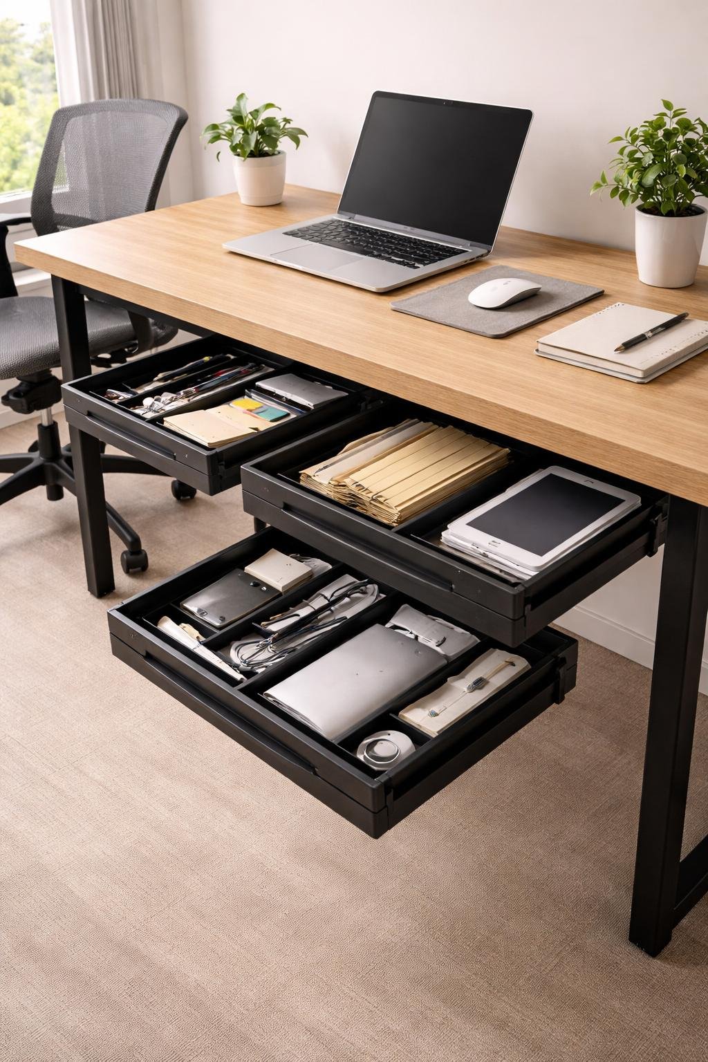 An office desk with open sliding drawers underneath, showing neatly stored office supplies and a tidy workspace.