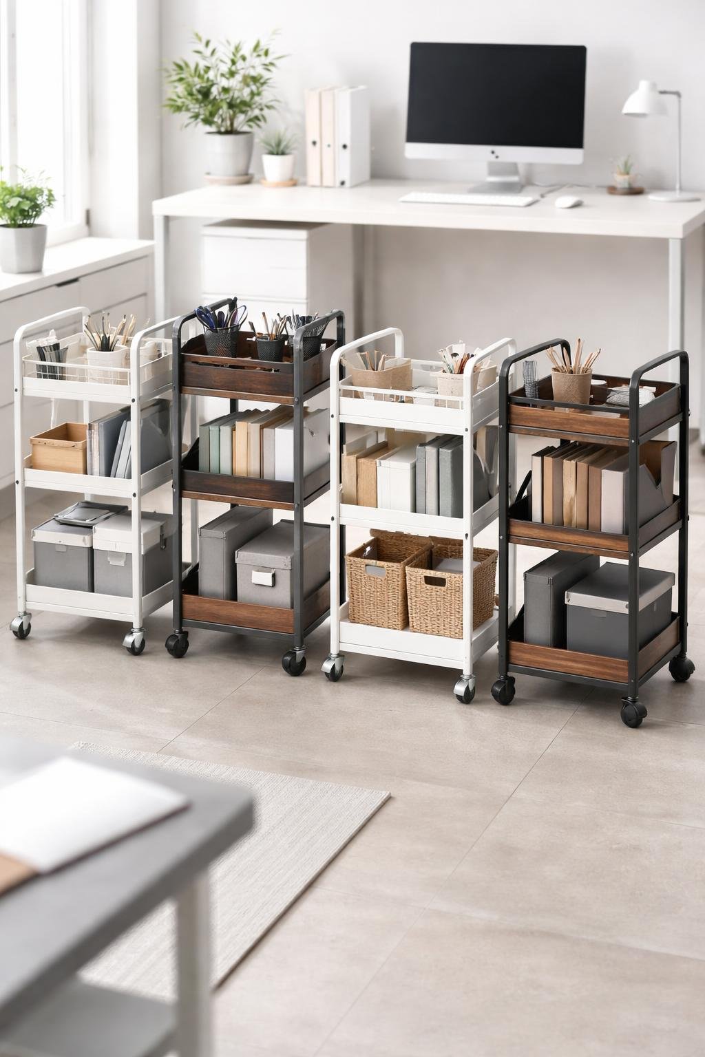 Rolling storage carts with shelves placed under desks in a tidy office workspace.