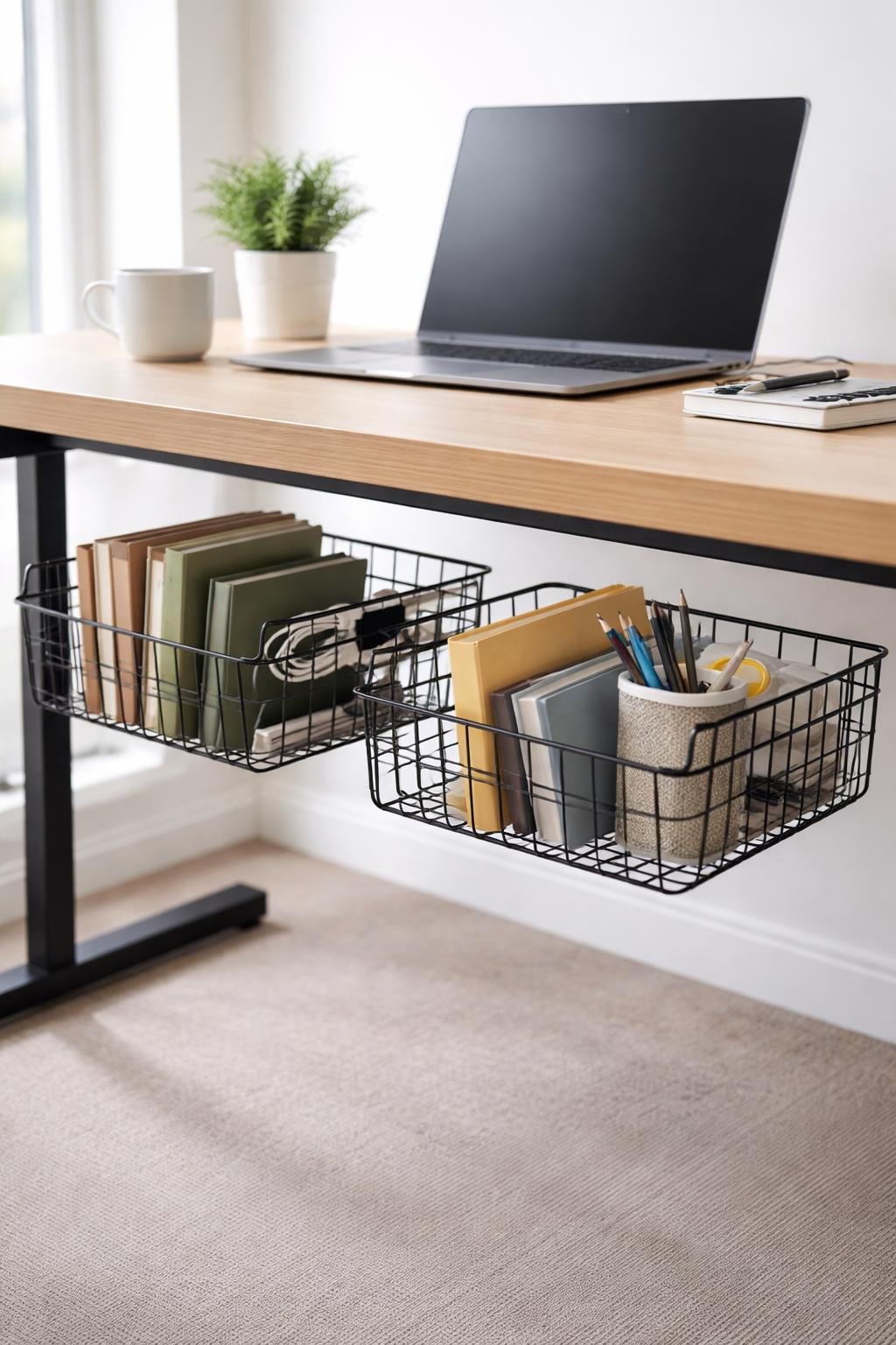 An organized office desk with mounted wire baskets under it holding office supplies, keeping the workspace clear and tidy.