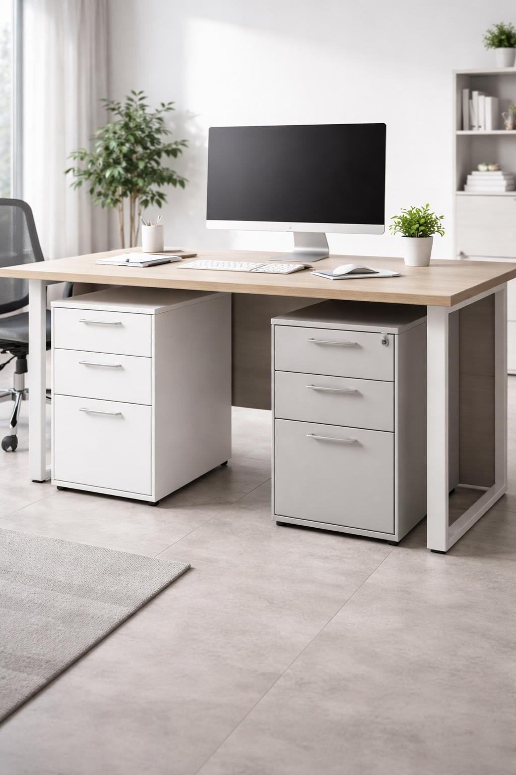 A tidy office workspace with a desk and under-desk filing cabinets neatly arranged beneath it.