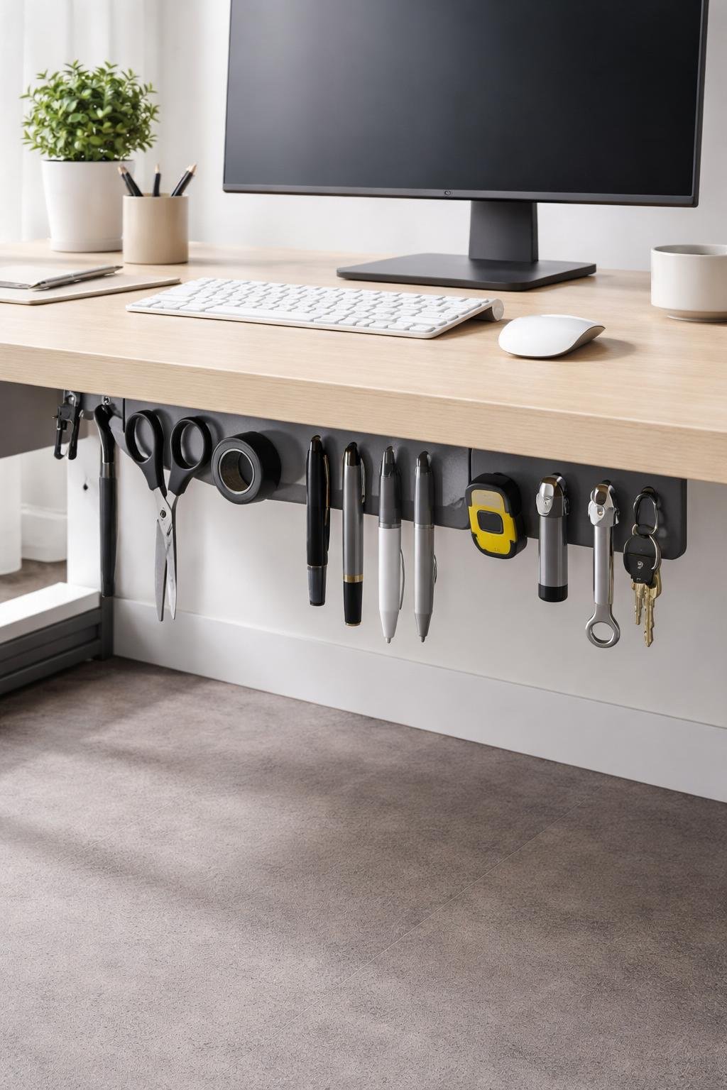 A tidy office desk with magnetic strips under the surface holding office supplies like scissors and pens, keeping the workspace organized and clutter-free.