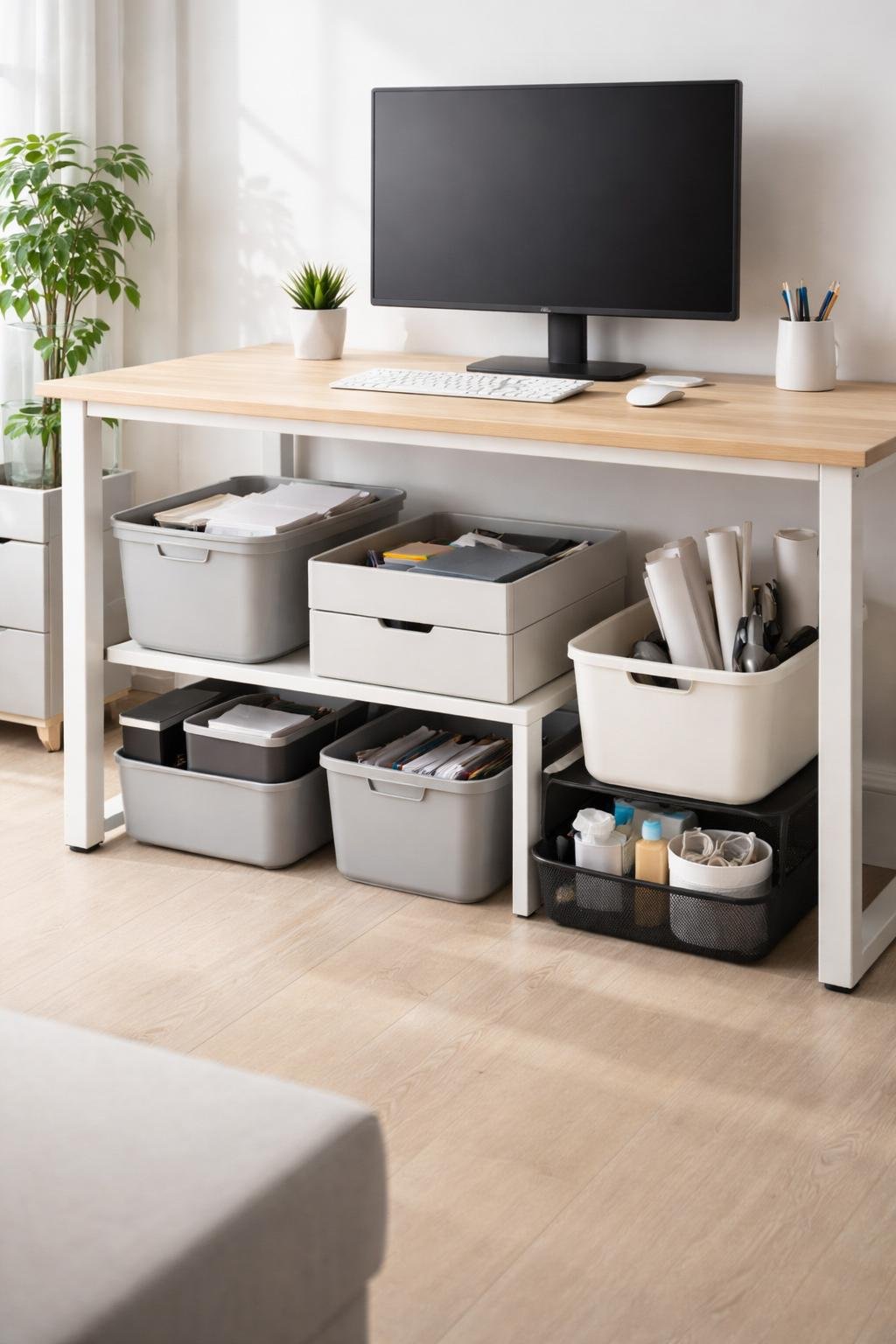 A tidy office desk with organized storage bins placed under the desk, holding office supplies and documents.