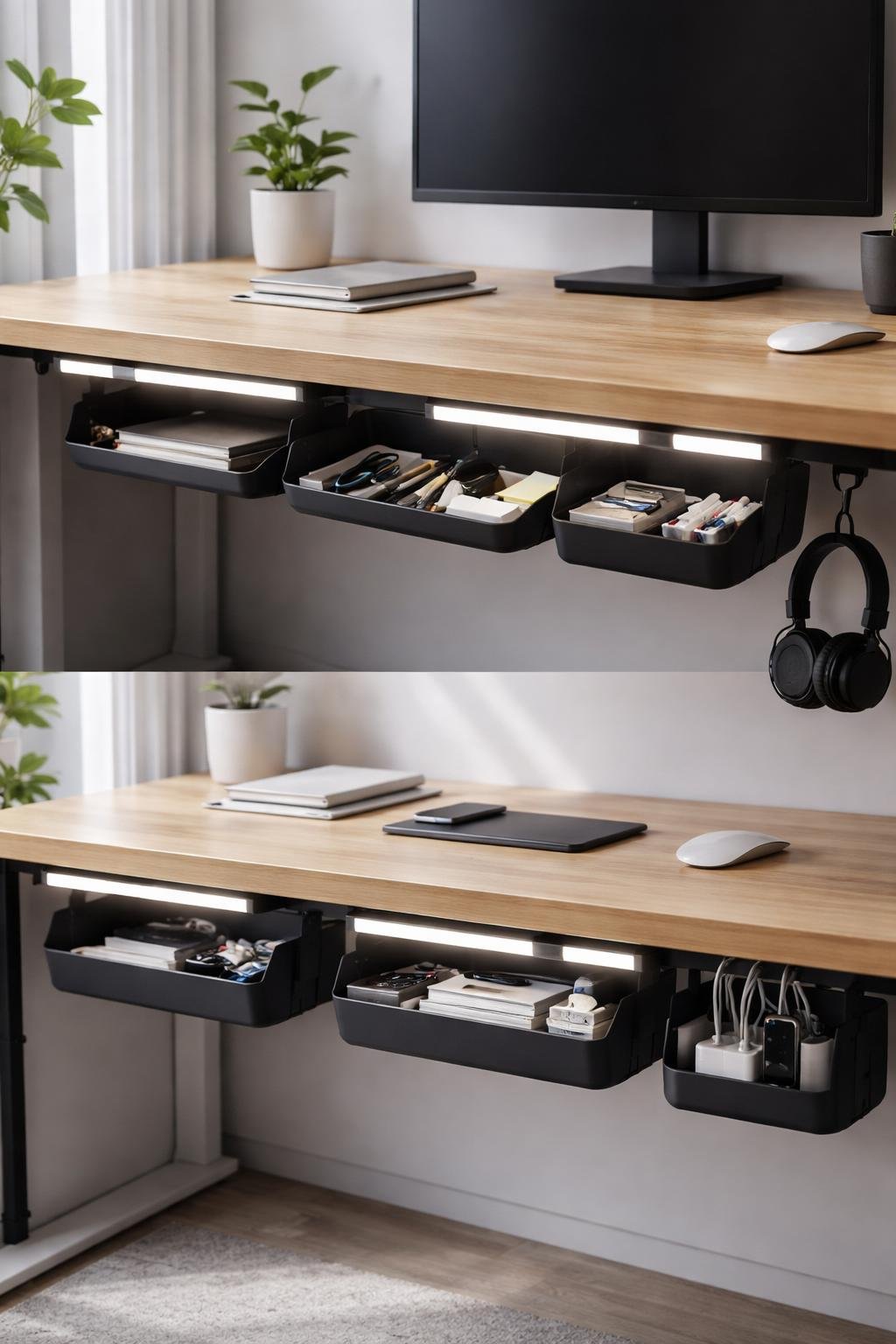 A tidy under desk workspace with clip-on LED light bars and organized storage trays holding office supplies.