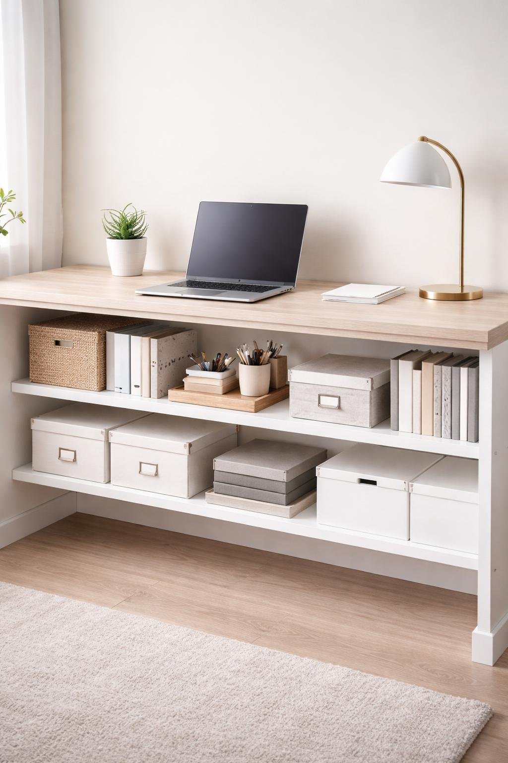 A tidy workspace with floating shelves installed under a wooden desk holding storage boxes and office supplies.