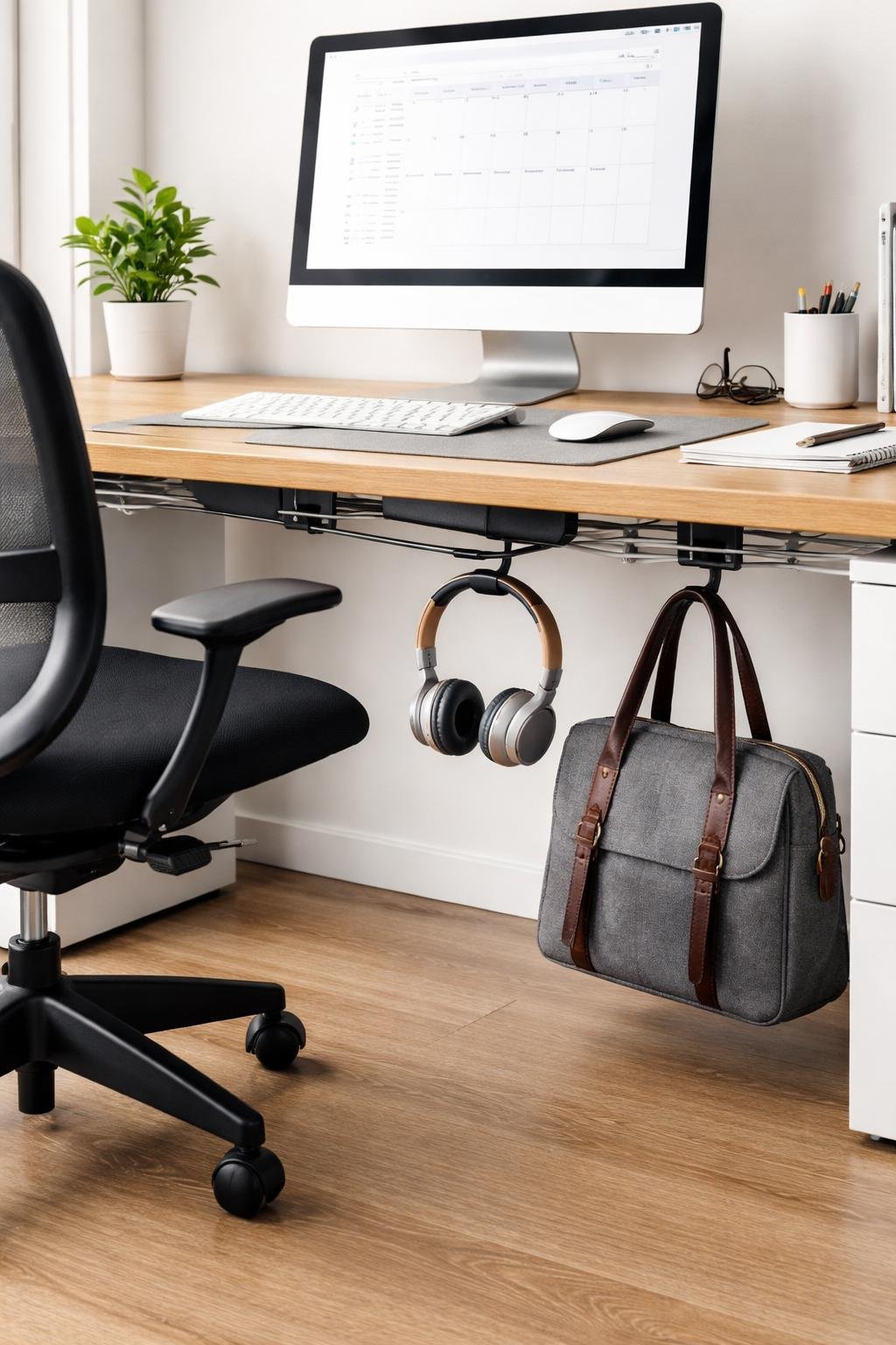 A tidy office workspace with under desk hook racks holding headphones and a bag beneath a wooden desk.