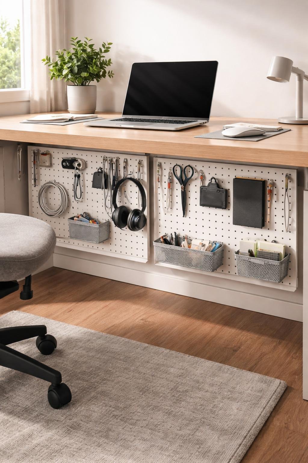 A tidy workspace with a wooden desk and under-desk pegboards holding office supplies to keep the area organized.