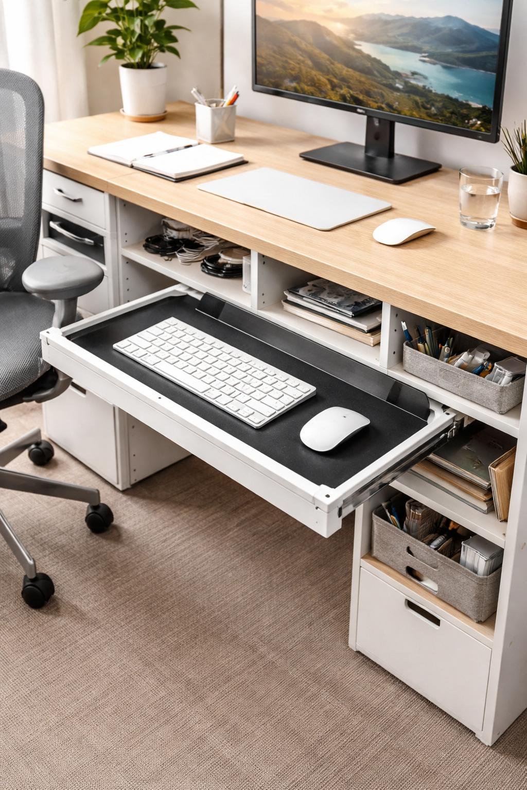 An office desk with a pull-out keyboard tray extended, showing organized under-desk storage compartments holding office supplies.