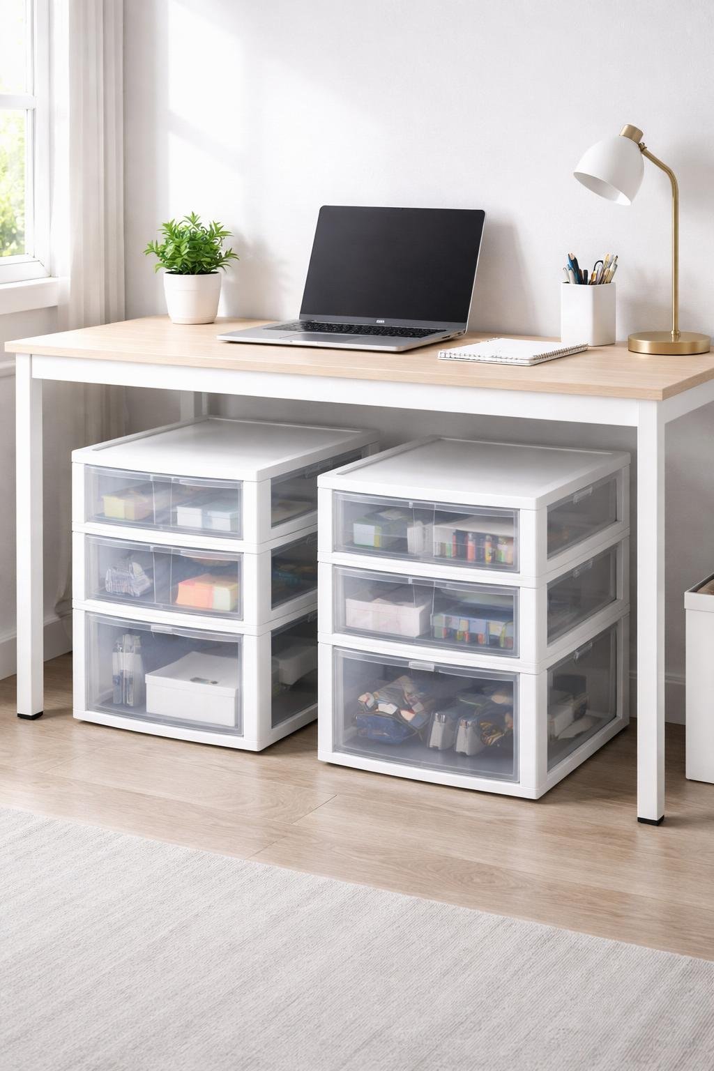 A tidy home office desk with stackable plastic drawer units under it, holding office supplies and keeping the workspace organized.