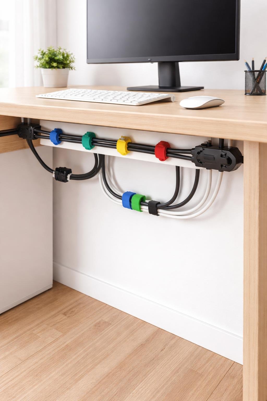 An organized office desk with cables neatly secured under the desk using Velcro cable ties and clips, keeping the workspace clean and clutter-free.