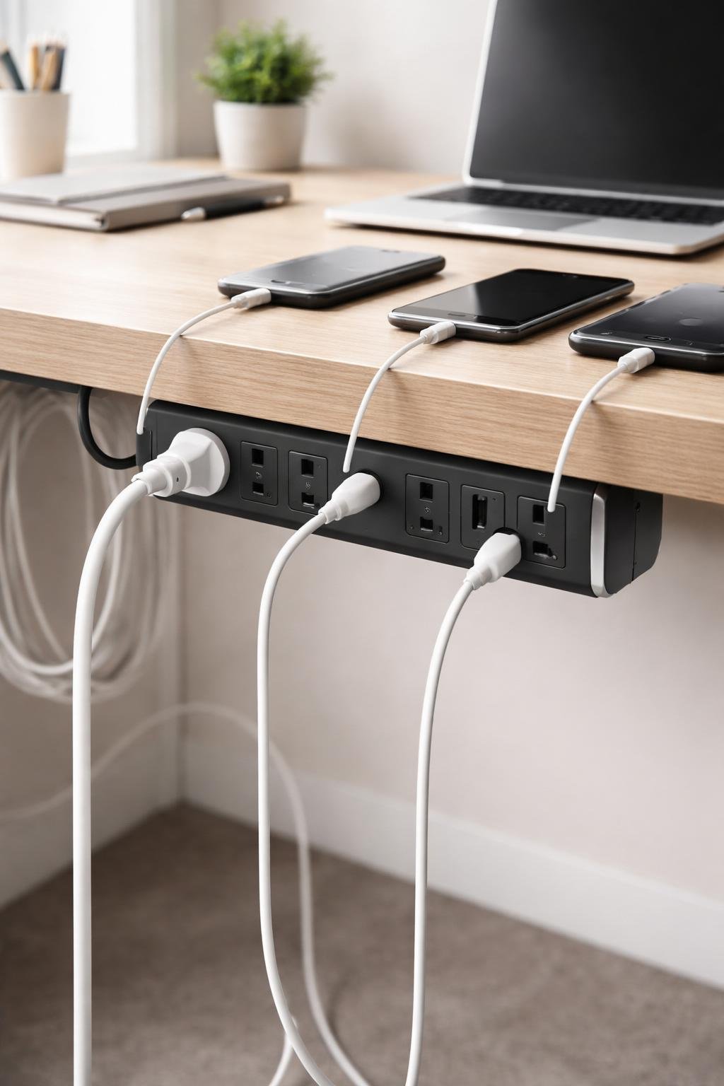 Desk-mounted power strip with USB ports installed under a clean office desk with electronic devices plugged in and a tidy workspace above.