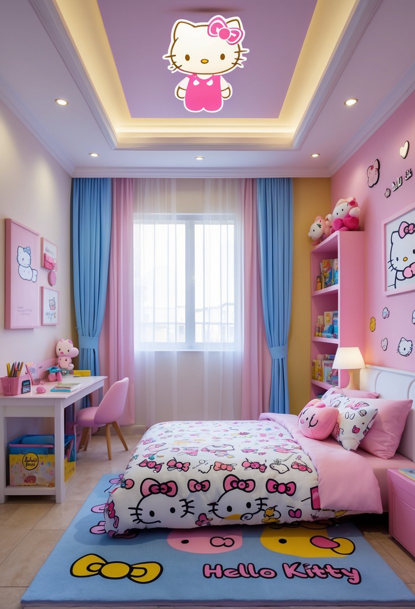 A child's bedroom decorated with Hello Kitty bedding, plush toys, wall decals, a study desk, bookshelf, and a window with curtains.