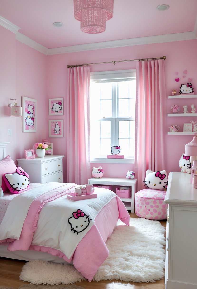 A child's bedroom decorated in pink and white with Hello Kitty-themed items, including bedding, pillows, and decorations.