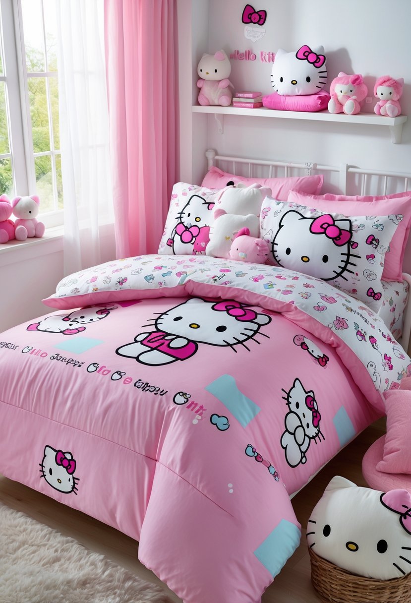 A cozy bedroom with a bed dressed in Hello Kitty themed bedding and matching decor.