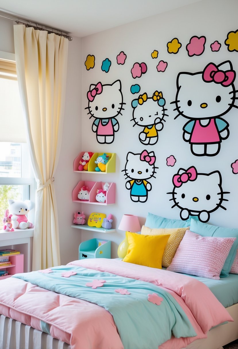 A children's bedroom decorated with Hello Kitty and friends wall decals, a bed with pastel bedding, toys on shelves, and natural light coming through a window.