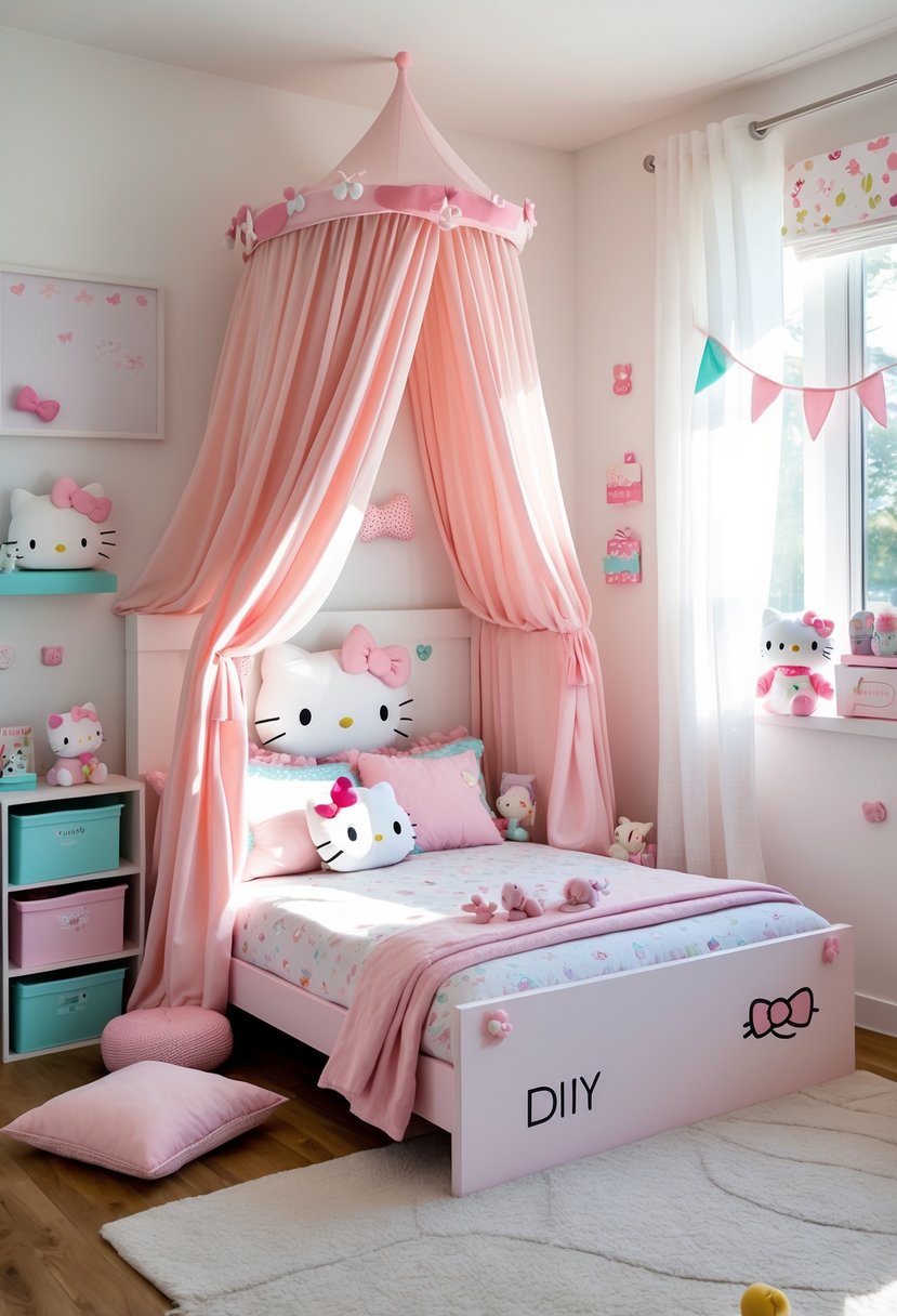 A children's bedroom featuring a pink and white canopy bed decorated with Hello Kitty motifs, surrounded by toys and cozy decor.