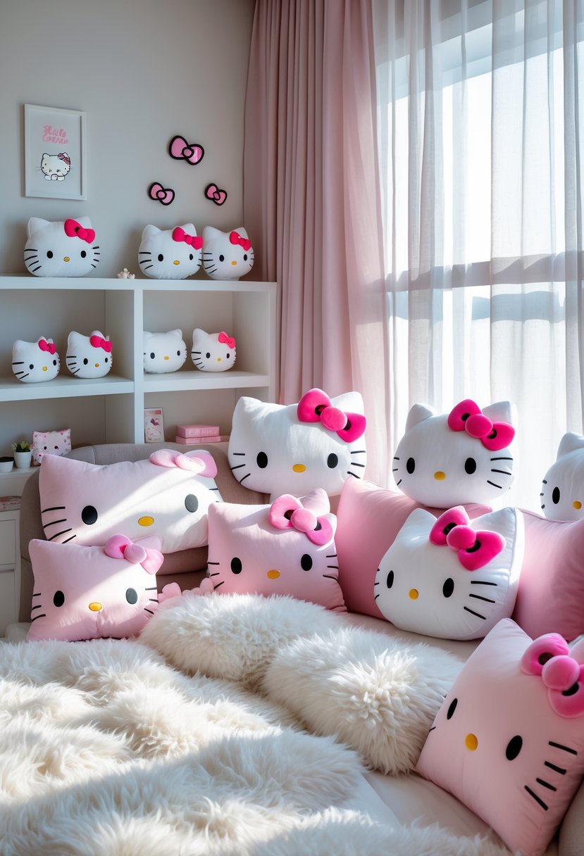 A cozy bedroom with Hello Kitty shaped pillows and cushions arranged on a bed, armchair, and window seat, decorated in soft pastel colors with natural light coming through a window.